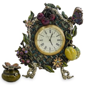 (2 Pc) Jay Strongwater Enamel & Jeweled Desk Clock & Pill Box