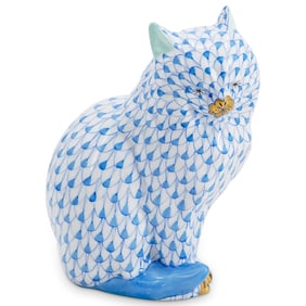 Herend Porcelain "Cat Sitting" Blue Fishnet Figurine