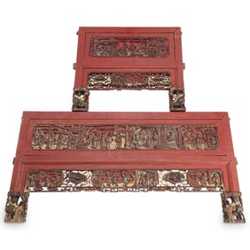(2 Pc) Chinese Lacquered Gilt Carved Wooden Panels