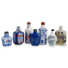 (7 Pc) Chinese Blue and White Porcelain Snuff Bottles