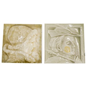 (2 Pc) Antique Figural Ceramic Tiles