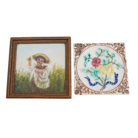 (2 Pc) Antique Hand Painted Ceramic Tiles