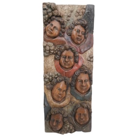 Signed, Carved & Painted Wooden Putto Plaque