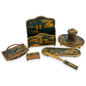 (6 Pc) French Chinoiserie Lacquered Metal Desk Set