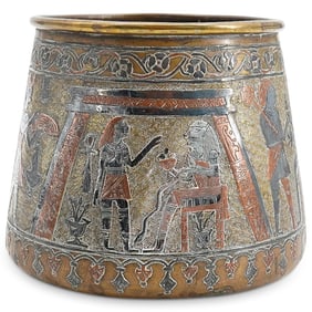Antique Egyptian Revival Mameluke Silver & Copper On Bronze Vessel
