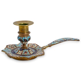 French Enamel & Brass Champleve Candlestick Holder