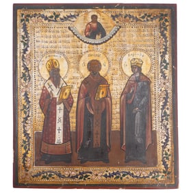 Antique Russian Orthodox Three Saints Carved Wood Icon