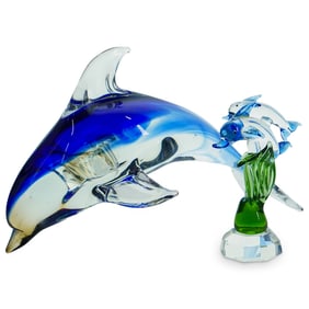 (2 Pc) Vintage Blown Glass Dolphin Figurines