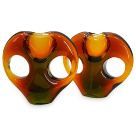 Pair Signed Czech "Heart" Art Glass Vases