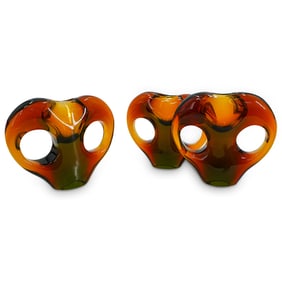 (3 Pc) Signed Czech "Heart" Art Glass Vases