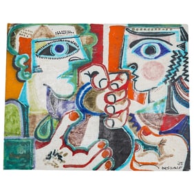 1975 Cubist School Two Figures Glazed Ceramic Plaque