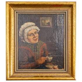 19th Century Dutch Interior Scene Oil on Panel Painting