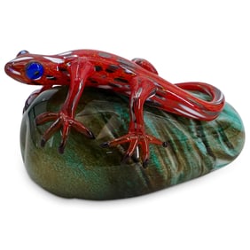 Henryk Rysz (Polish, B. 1956) Lizard On Stone Art Glass Statue