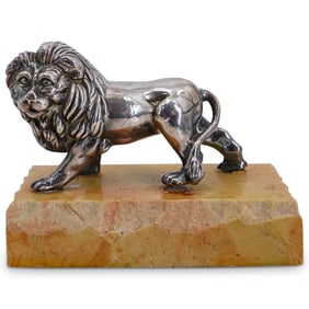 Sterling Silver Lion Figurine on Stone Base