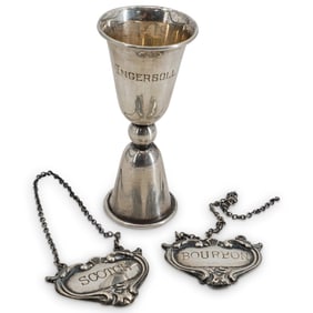 (3 Pc) Antique Sterling Silver Jigger Cup & Liquor Tag Labels
