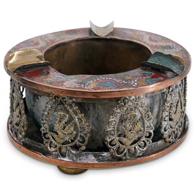 Antique Chinese Dragon & Lilong Cloisonne / Silver Ashtray