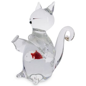 Italian Murano Art Glass Cat W/ Goldfish Sculpture