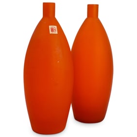 (2 Pc) Italian Murano Carlo Moretti Orange Art Glass Bottle Vases