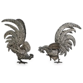 (2 Pc) Art Deco Silver Plated Rooster Sculptures