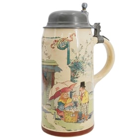 Mettlach Porcelain “Tavern W/ Beer Barometer?? Stein