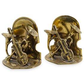 (2 Pc) Vintage Brass Musical Instruments Bookends