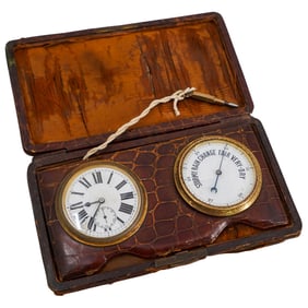 Antique English Pocket Clock And Barometer Set In Alligator Skin Case