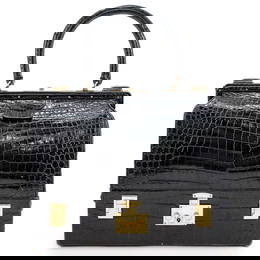 Vintage Hermes 'Mallette' Sac Black Crocodile Handbag