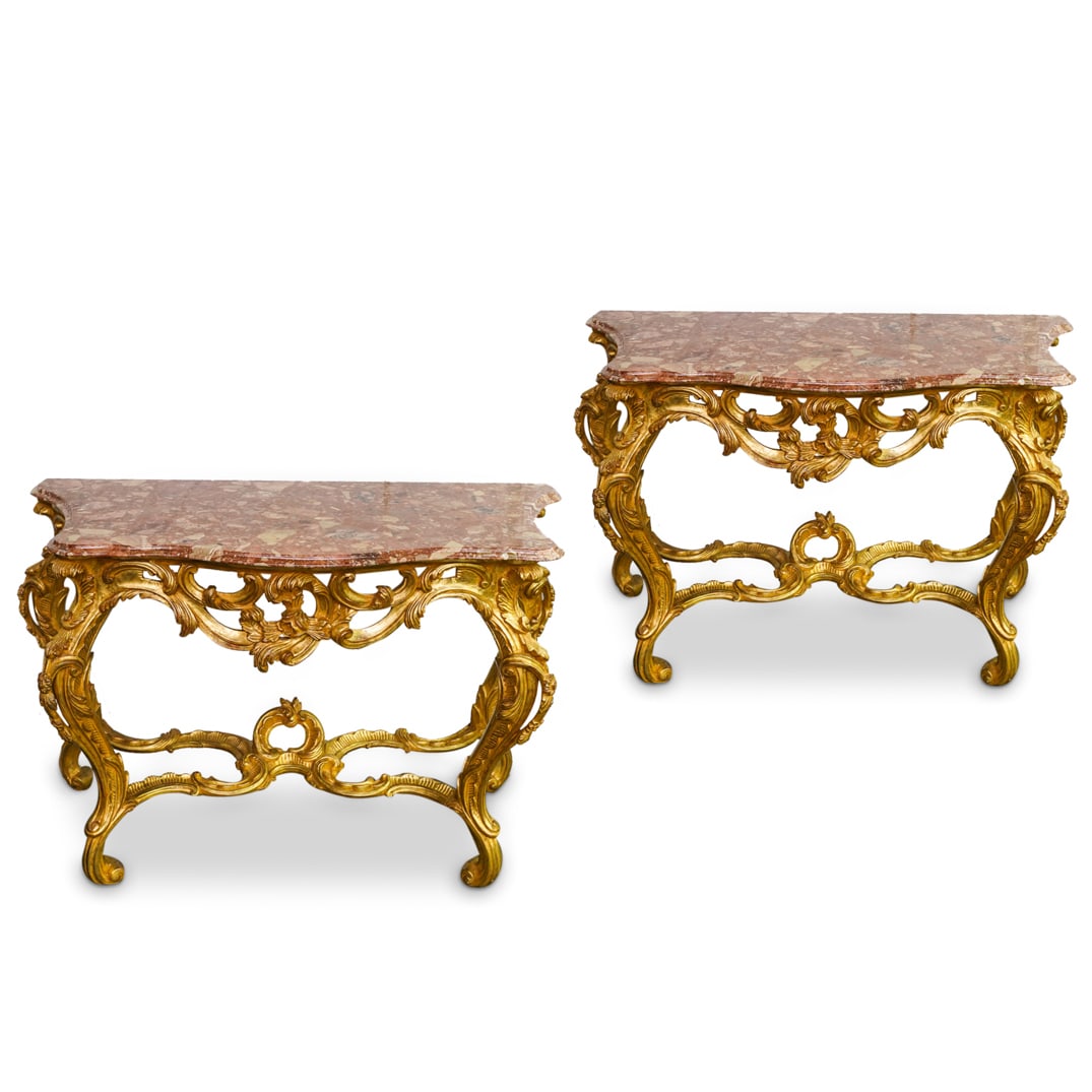 Pair of Antique French Gilt Carved Marble Topped Console Tables (1 of 8)