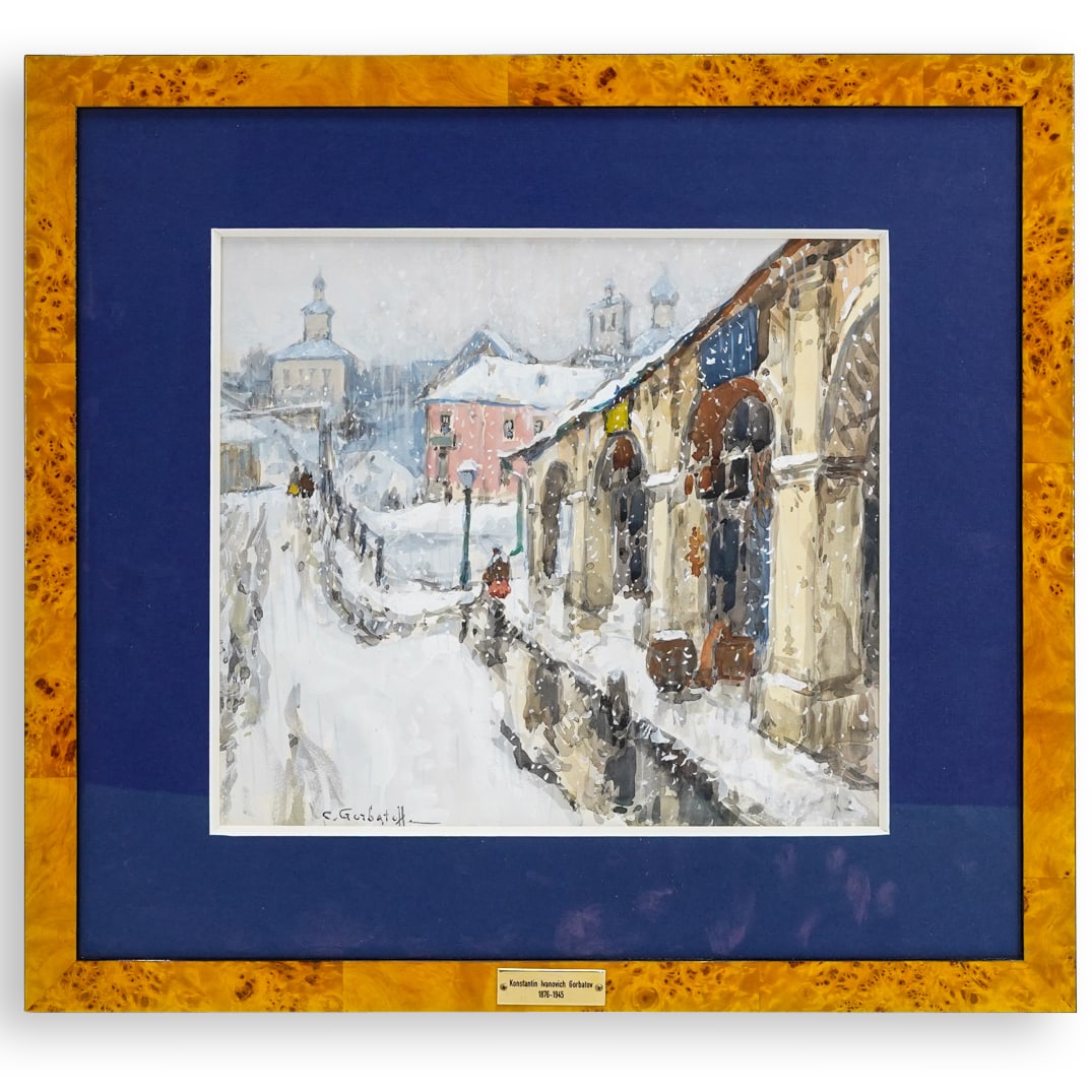 Konstantin Ivanovich Gorbatov (1876-1945) Snowy Townscape Gouache & Watercolor Painting (1 of 8)
