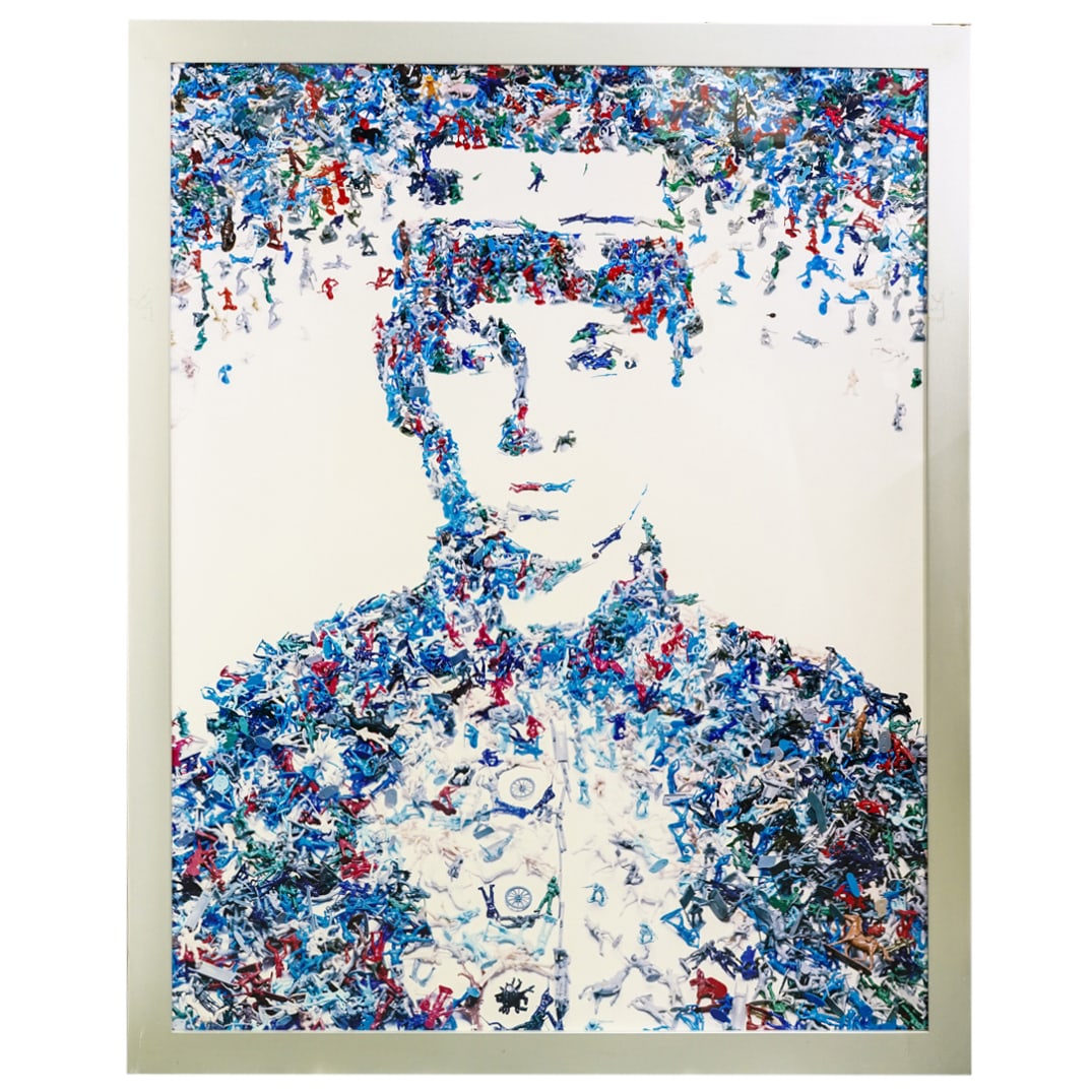 Vik Muniz (Brazilian, born 1961) "Toy Soldier" Chromogenic Print: Description:Chromogenic print entitled "Toy Soldier" by Vik Muniz from his "Monads" series depicting a portrait of a soldier composed of scattered toy soldier, toy vehicle, and toy animal figurines. M