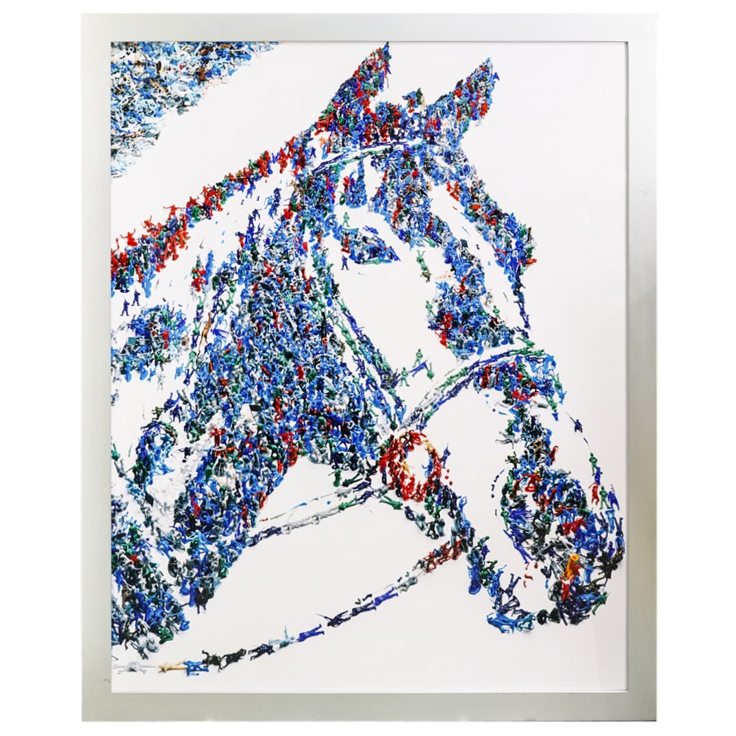 Vik Muniz (Brazilian, born 1961) Horse Chromogenic Print: Description Chromogenic print entitled by Vik Muniz from his "Monads" series depicting a portrait of a horse composed of scattered toy soldier, toy vehicle, and toy animal figurines. Mounted in a wood