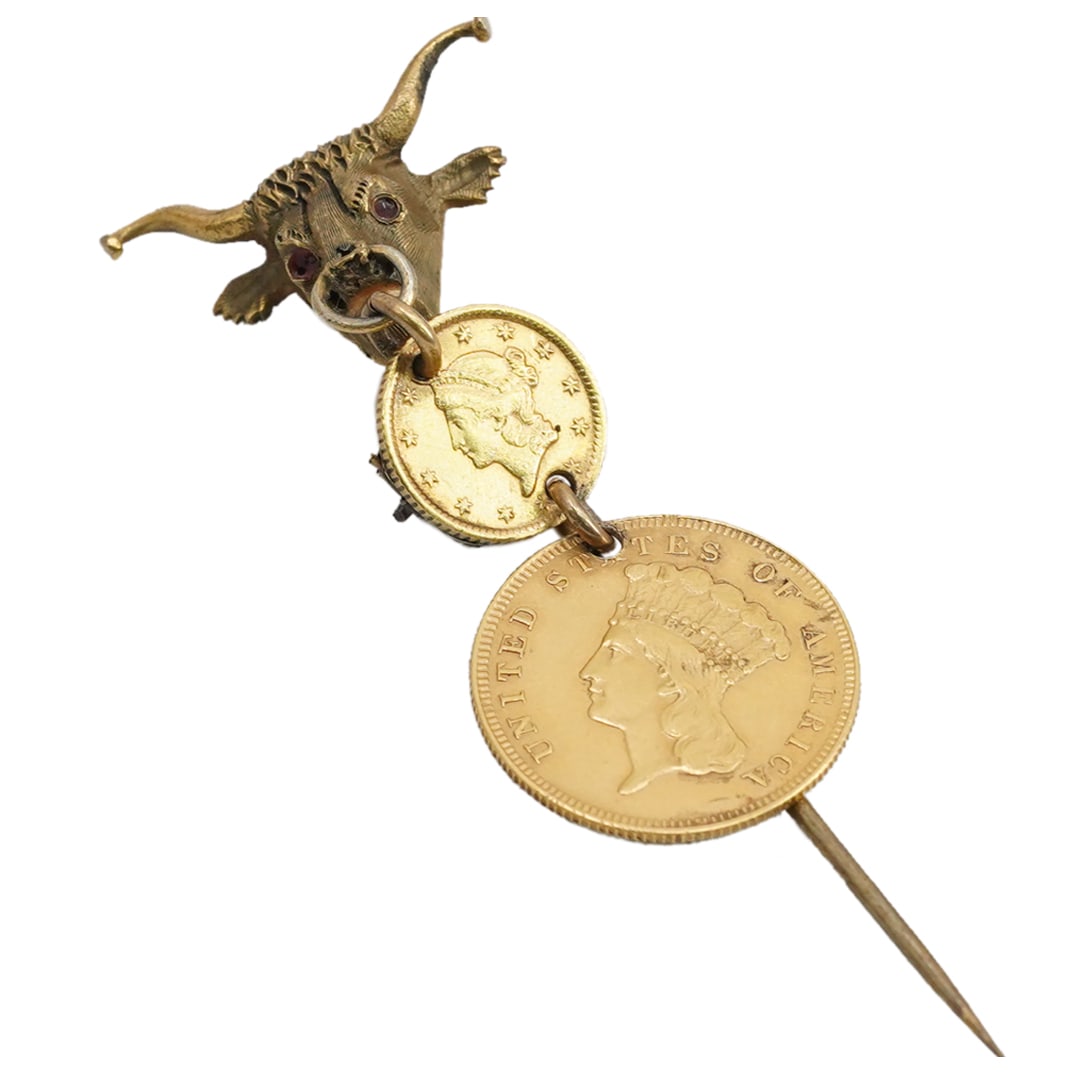 Buffalo Bill Gold Stick Pin & Love Token: DESCRIPTION: An antique yellow gold bull head stick pin with two love tokens. Engraved: Buffalo Bill to Bob 1880' on the gold dollar. CIRCA: 1880 ORIGIN: USA DIMENSIONS: H: 2.5" (Total Weight: 7 Dwt.)