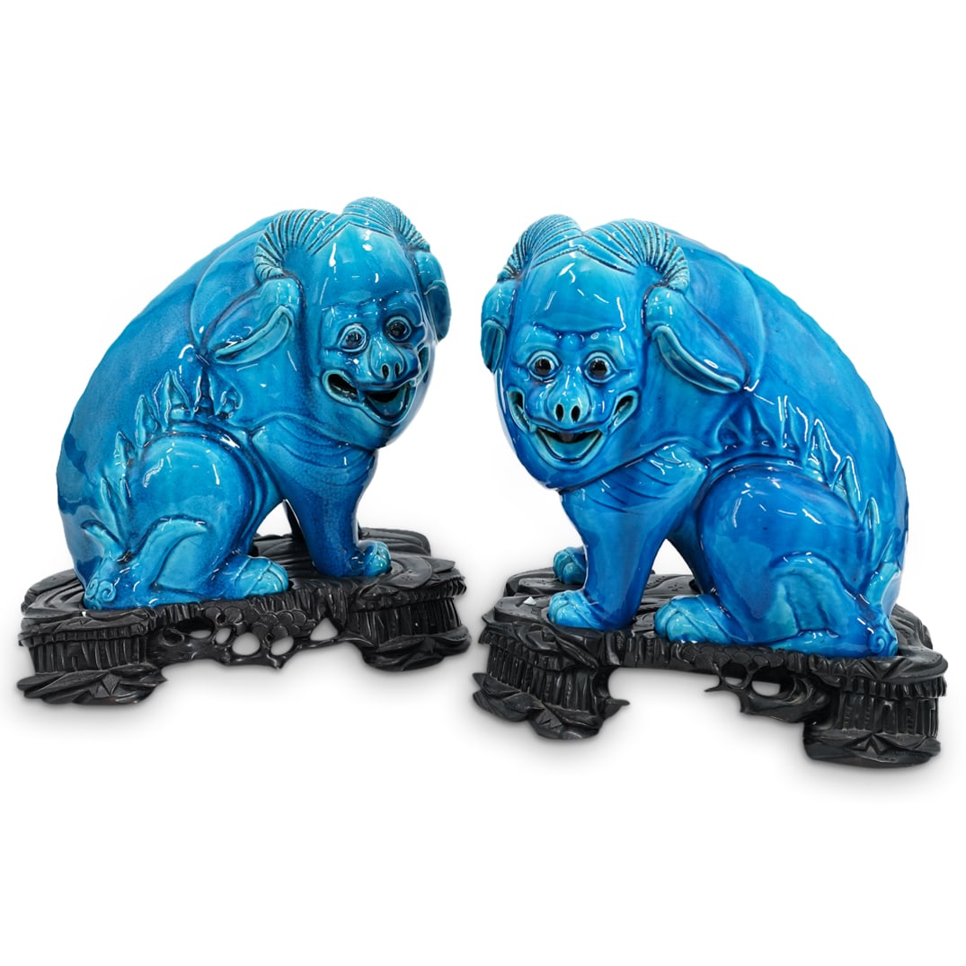 Pair Of Antique Chinese Export Porcelain Blue Glazed Nian Shou New Year Beasts (1 of 7)