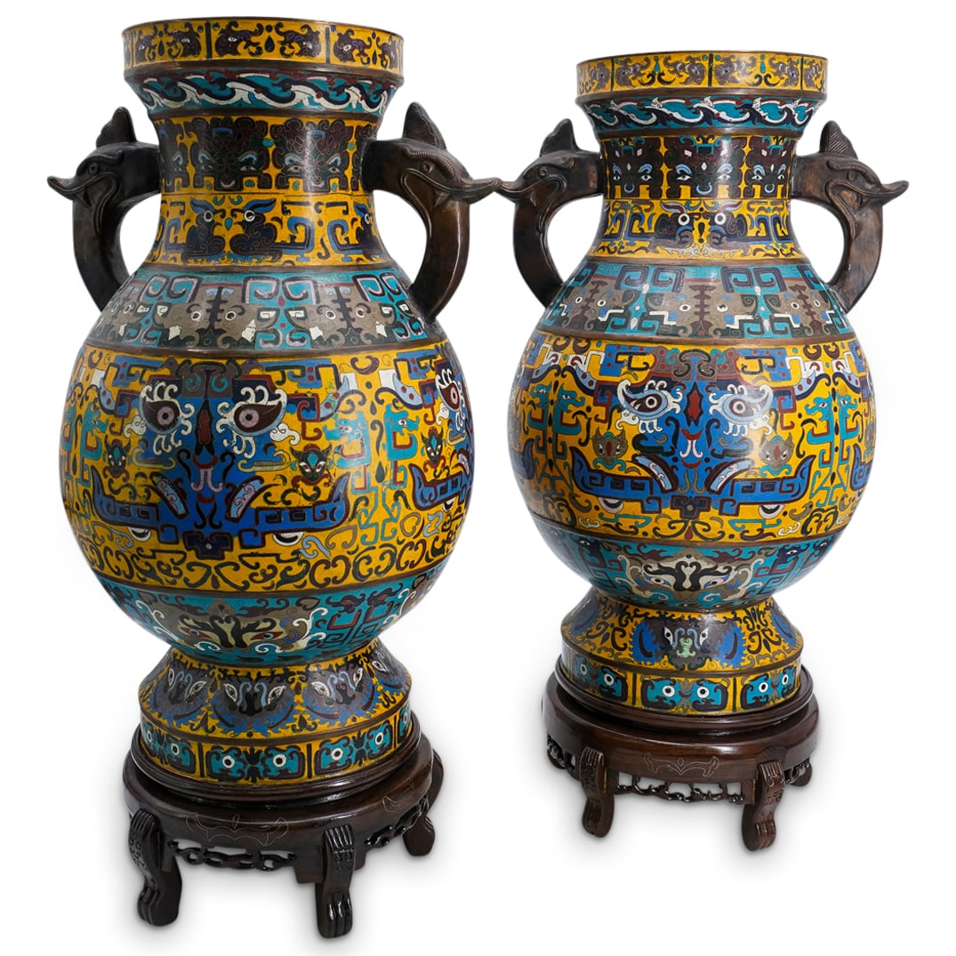 Pair Large Chinese Archaic Style Cloisonne Vases (1 of 13)