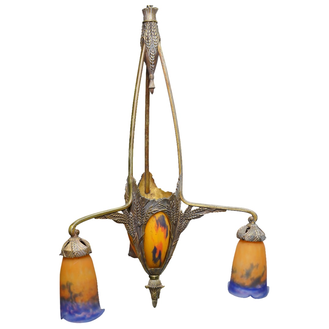 Art Nouveau Muller Freres Luneville Chandelier: DESCRIPTION: Art nouveau Muller Freres Luneville chandelier, featuring glass shades in orange and blue, gilt bronze frame decorated with wheat sheaf motifs. For four lightbulbs, each shade signed "Mul