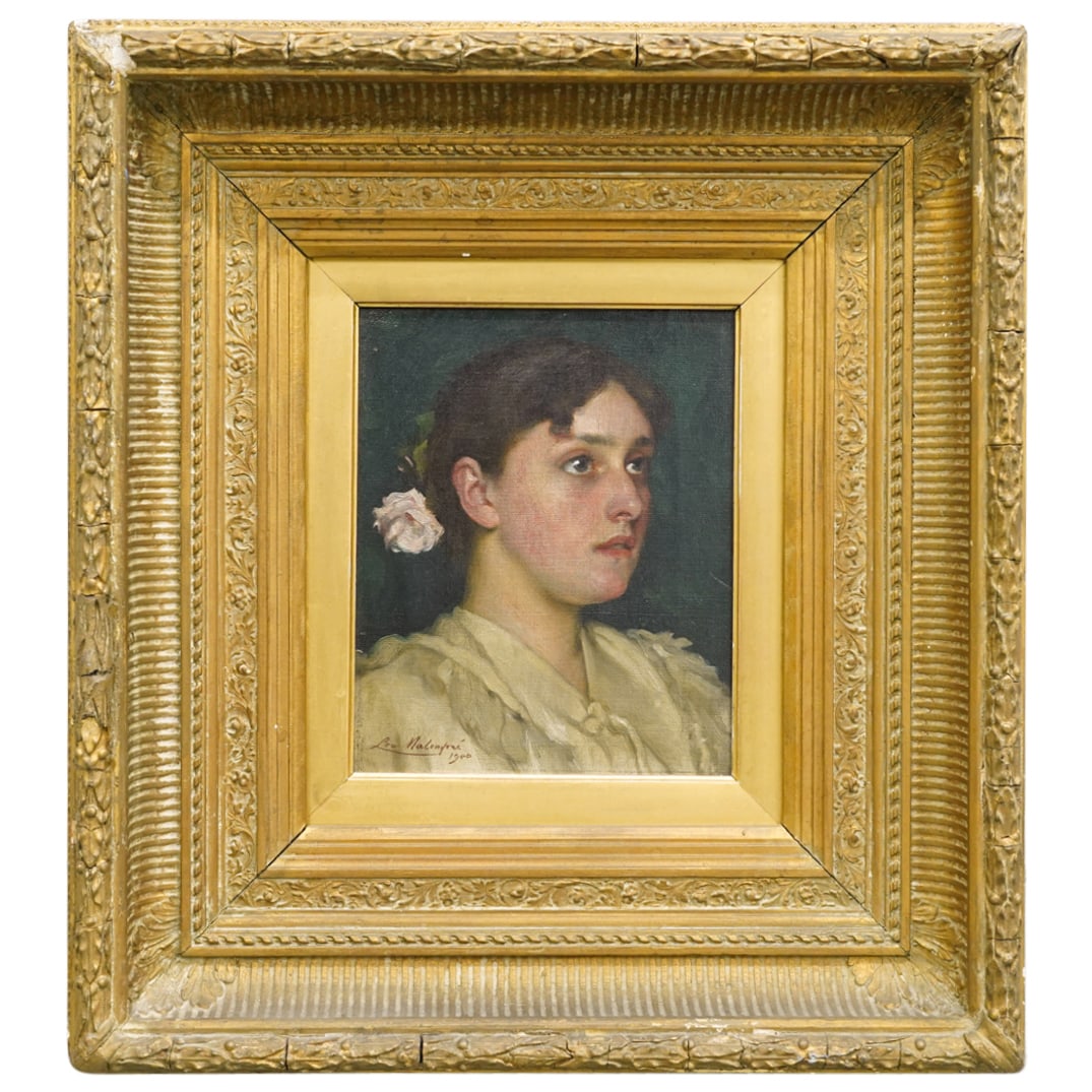 Leo A. Malempre (French, 1860-1901) Oil on Canvas Portrait of a Woman: DESCRIPTION: Leo A. Malempre (French, 1860-1901) oil on canvas painting, portrait of a young woman with pale pink flower in her hair. Signed bottom left "Leo Malempre 1900" Framed in a gilded period f