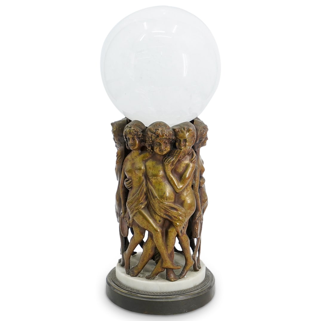 Antique Bronze Satyr & Nymph Lamp: DESCRIPTION: Antique bronze lamp, featuring satyrs entangled with nude nymphs. Mounted to a marble and bronze stepped base. Large polished selenite sphere sits atop of the sculpture. CIRCA: Early 20th