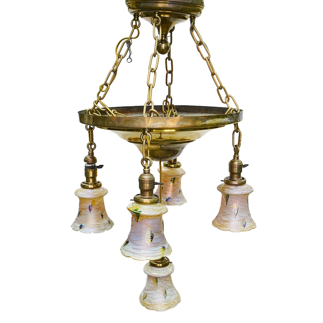 Brass Chandelier with Quezal Shades (1 of 8)