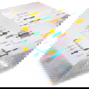 Style Of Jon Kuhn Lucite Op Art Cube: DESCRIPTION: Lucite cube sculpture featuring a streamlined interior crafted in shades of blue, pink, orange, and yellow in perpendicular geometric shapes. CIRCA: Late 20th to early 21st Century ORIGIN