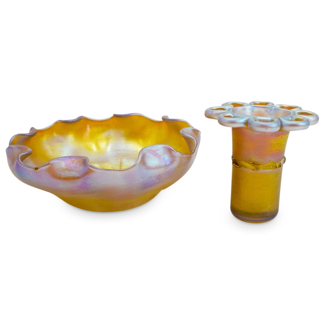 (2 Pc) Tiffany Studios Favrile Art Glass Bowl & Flower Frog (1 of 8)