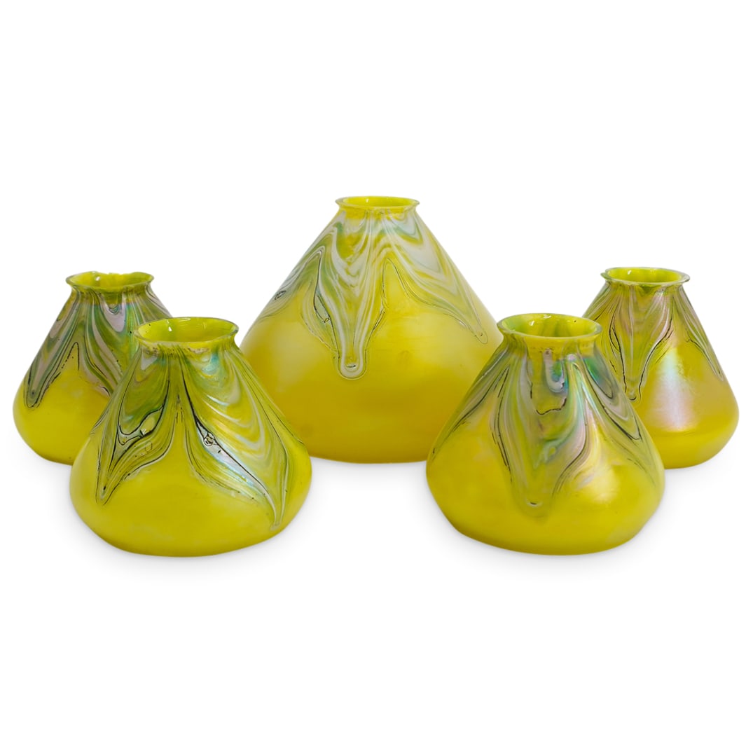 (5 Pc) Pallme-Konig Iridescent Green Art Glass Shades: DESCRIPTION: Set of 5 (4 small 1 large) Pallme-Konig iridescent lime green art glass shades, with a marbled/feathered pattern of white, green, and black on each. CIRCA: 20th Century ORIGIN: Czech DIME