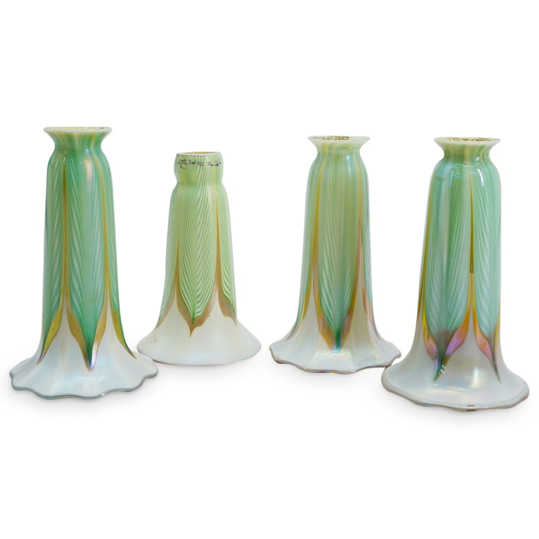 (4 Pc) Quezal Pulled Feather Art Glass Lily Shades (1 of 9)