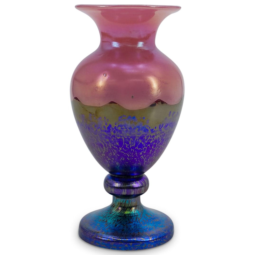 Loetz Ausfuhrung 226 Glass Vase: DESCRIPTION: Loetz vase in the Ausfuhrung 226 genre, featuring pink at the top with iridescent blue oil spot design through the center to base. Stamped underside. CIRCA: 20th Century ORIGIN: Czech DIM