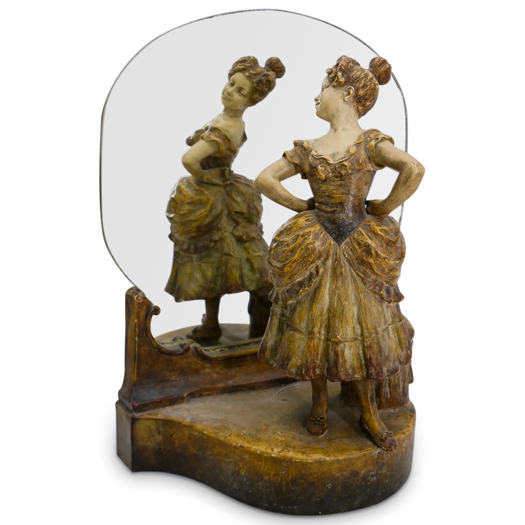 Large Art Nouveau Goldscheider Figural Vanity Mirror: DESCRIPTION: Large Art Nouveau Goldscheider figural terracotta vanity mirror. Depicts a maiden figure looking at her reflection on the mirror. CIRCA: 1900s ORIGIN: Austria DIMENSIONS: H: 21" W: 16 1/2