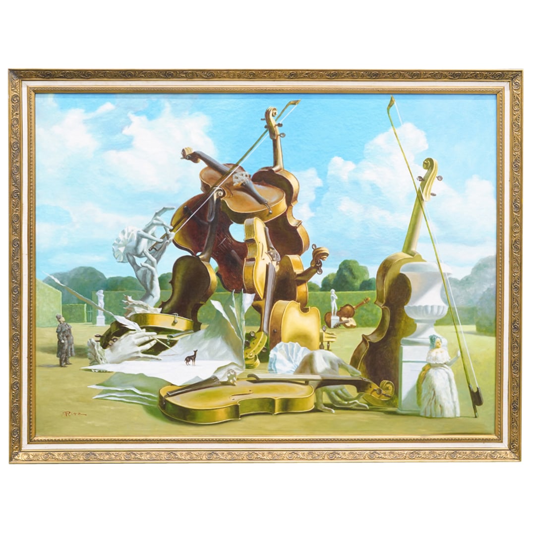 Surrealist Violin Painting Oil on Canvas: DESCRIPTION: Oil on canvas surrealist painting, depicting a collection of ginormous violins arranged in a whimsical outdoor scene. They are stacked and scattered across a garden setting with blue sky 