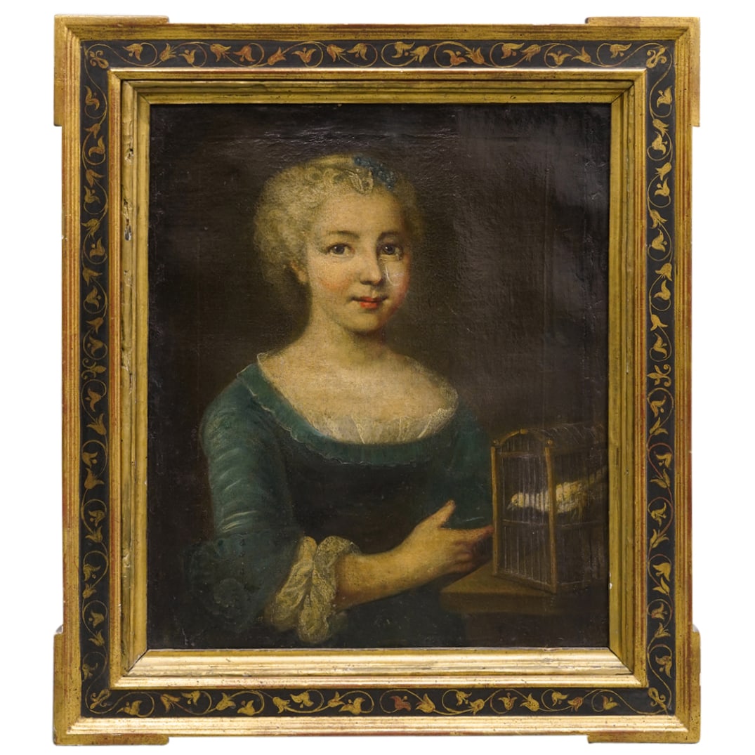 American School Oil on Canvas Portrait Painting: DESCRIPTION: American school oil on canvas portrait painting, depicting a woman in a dark turquoise dress, standing next to a small wooden bird cage that is housing a white bird. Framed in period fram