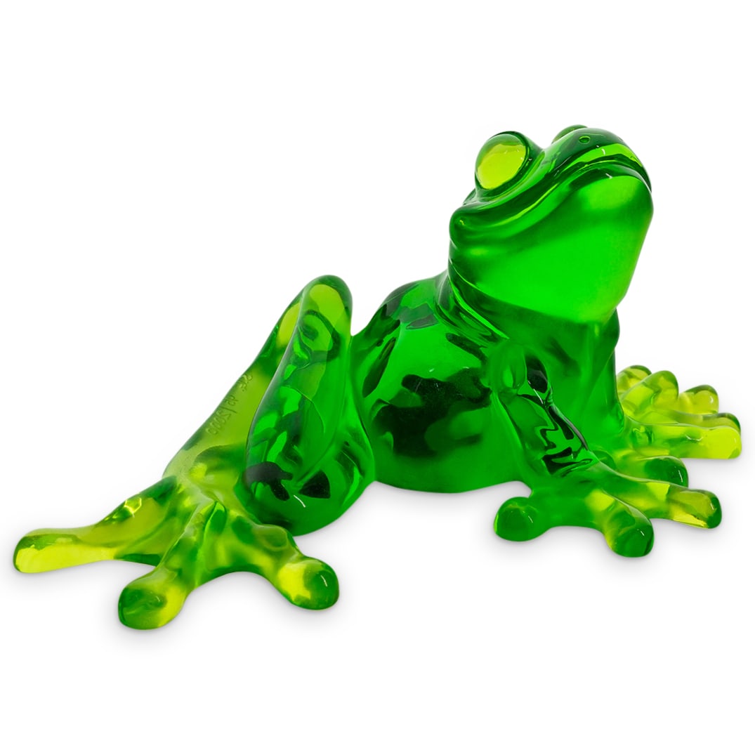 Vintage Whimsical Acrylic Tree Frog: DESCRIPTION: Vintage whimsical green tree frog, made from acrylic. Signed on reverse "K. Cantrell S.G. 95/2000" CIRCA: 20th Century ORIGIN: USA DIMENSIONS: H: 5.5" W: 7" L: 11.75" CONDITION: Good cond