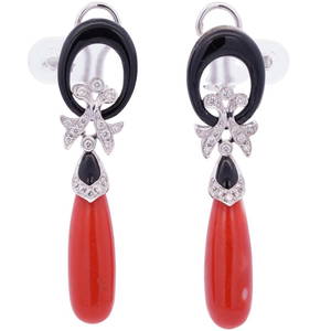 Pair 18k Gold, Coral, Diamond, & Enamel Earrings