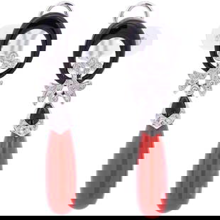 Pair 18k Gold, Coral, Diamond, & Enamel Earrings: DESCRIPTION: Pair of 18k white gold earrings, featuring a circular black enamel element, followed by a decorative design filled with small diamonds. Below is an elongated teardrop shaped coral. Total
