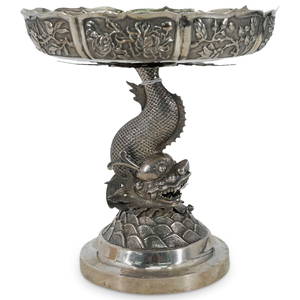 Antique Chinese Export Silver Chiwen Dragon Fish Tazza